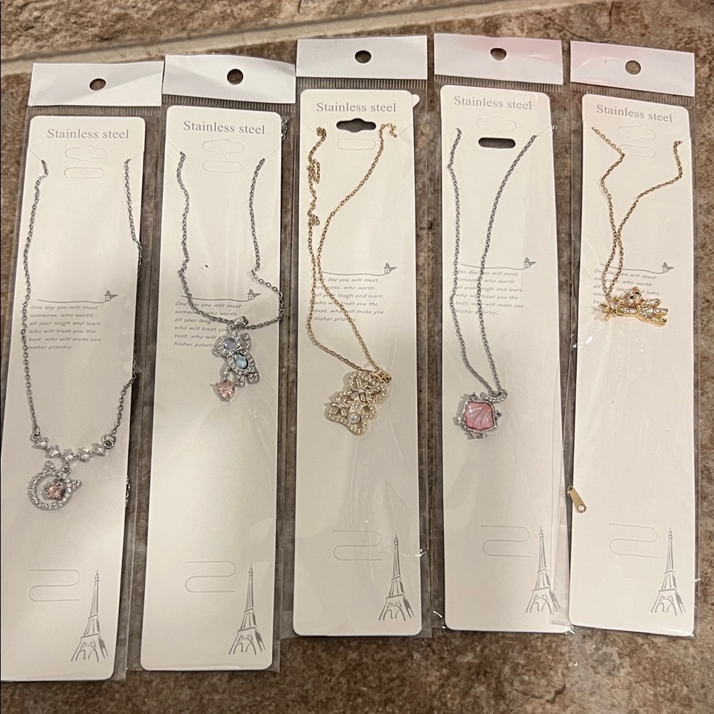 Mixed  Pendant Necklaces - Silver & Gold Tones with Pink Accents
